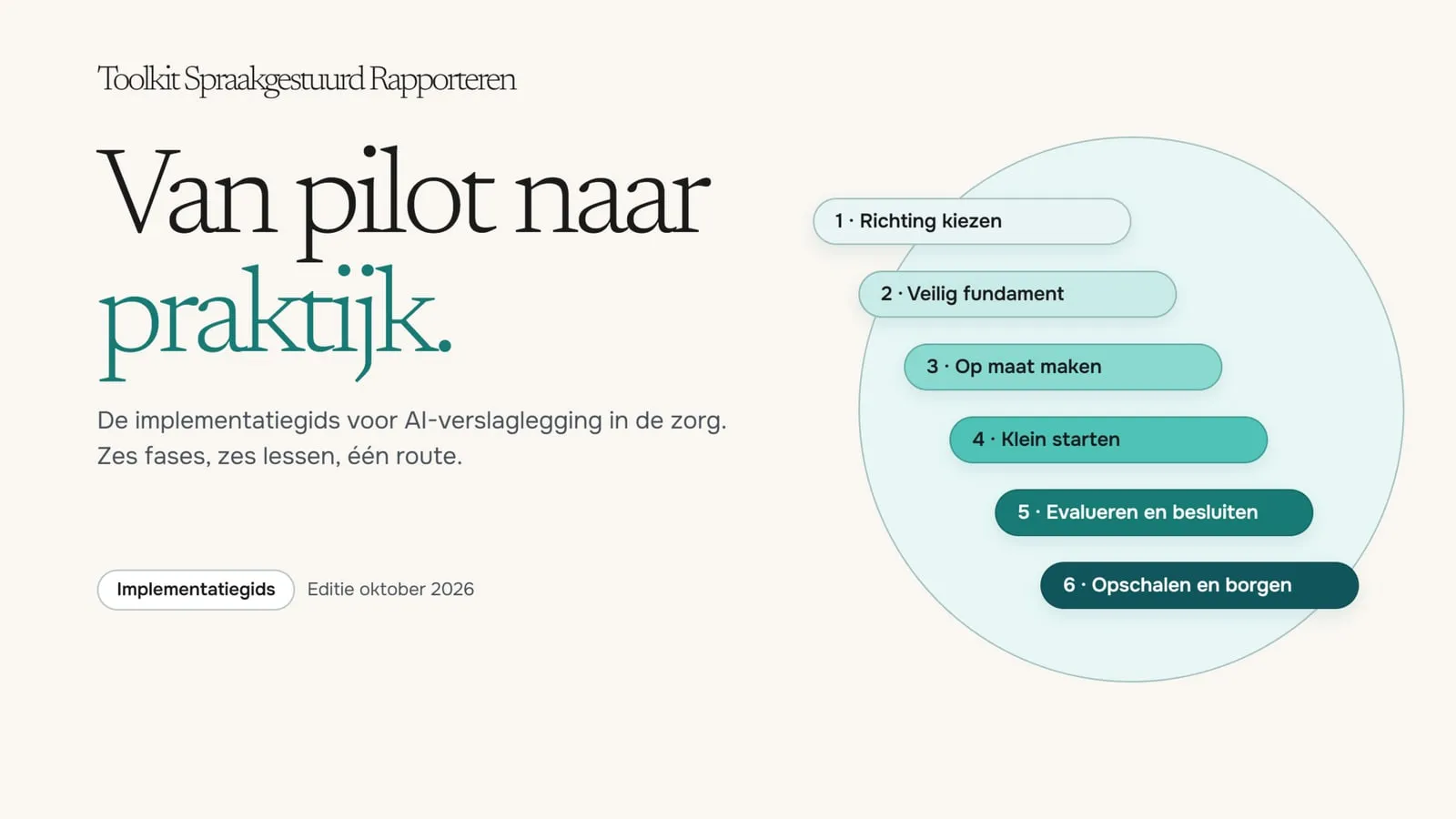 Omslag van de implementatiegids Van pilot naar praktijk, met de zes fases